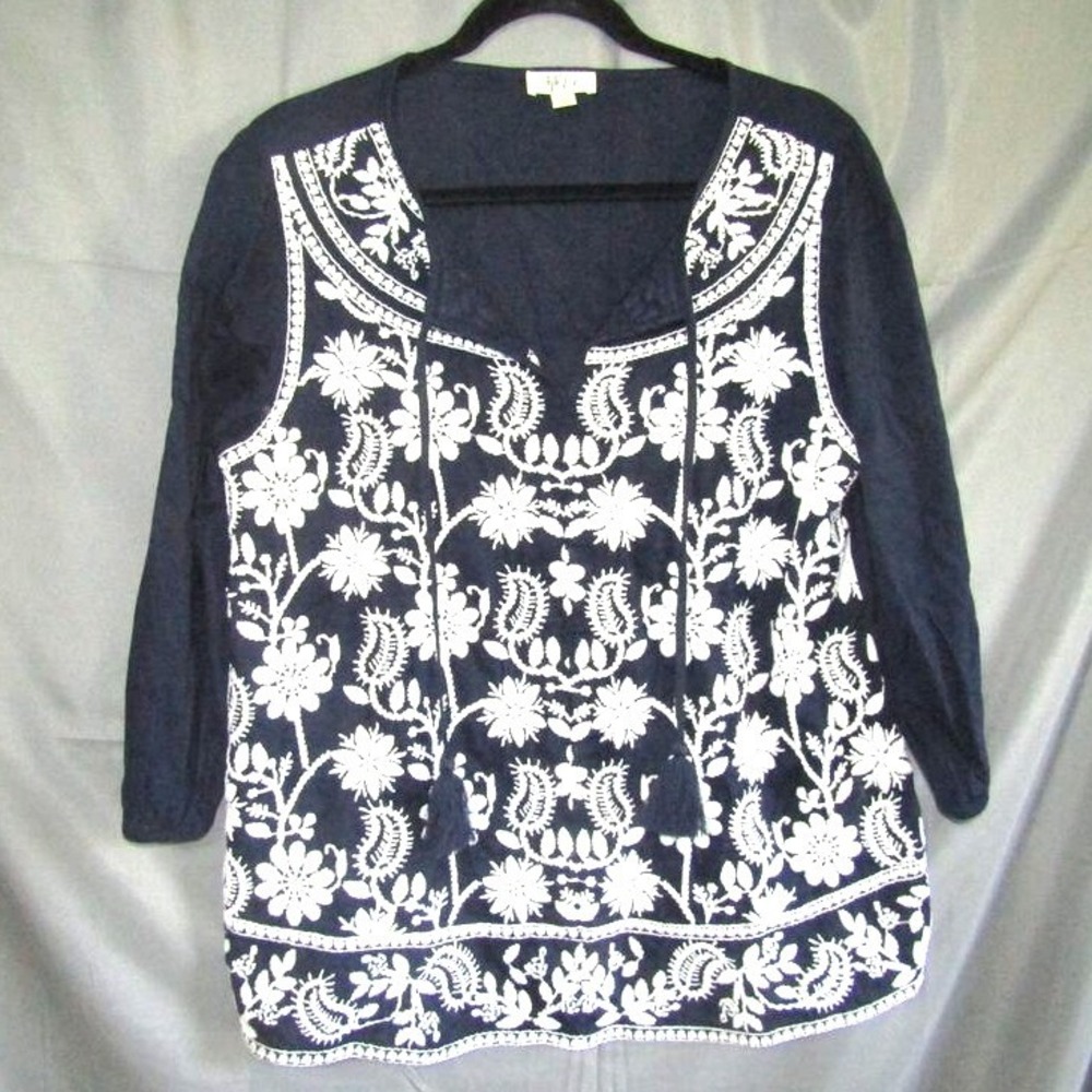 Style & Co L Navy Blue White Embroidered Boho Peasant Top Women's 3/4 Sleeve Cot